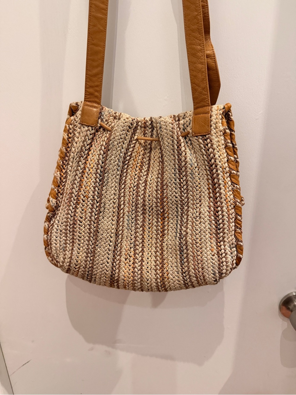Sharif Vintage Woven Straw & Leather Bucket Bag Camel Boho - Picture 8 of 8